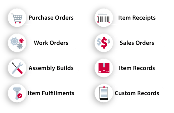 Label printing for purchase orders work orders assembly builds item receipts item fulfillments sales orders item records custom records