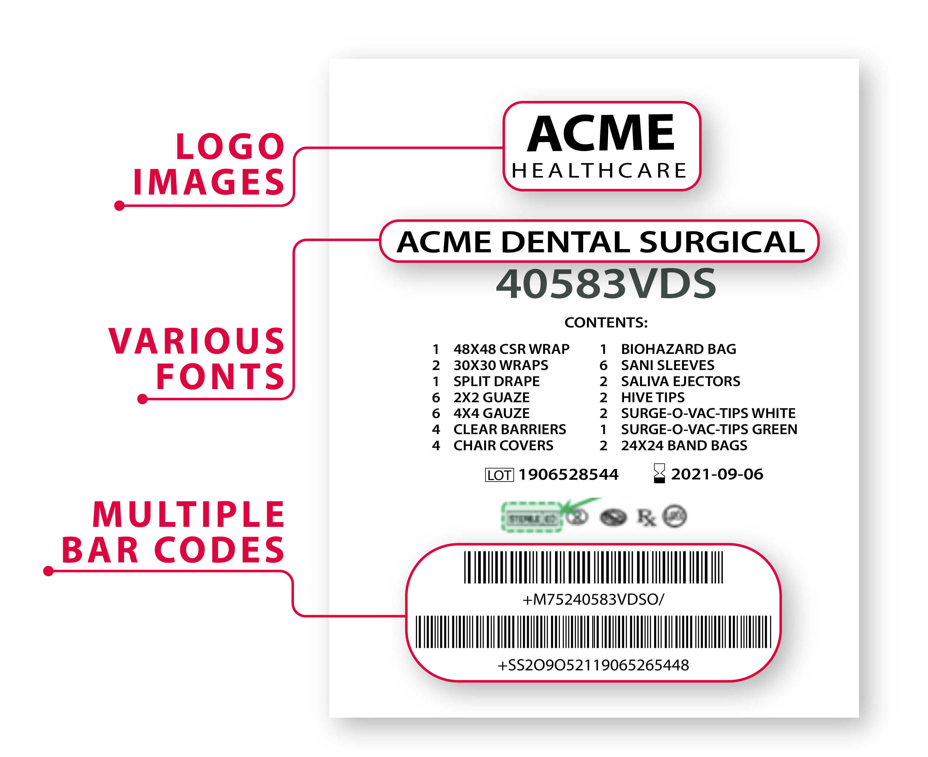 printing label with logo images various fonts and multiple barcodes